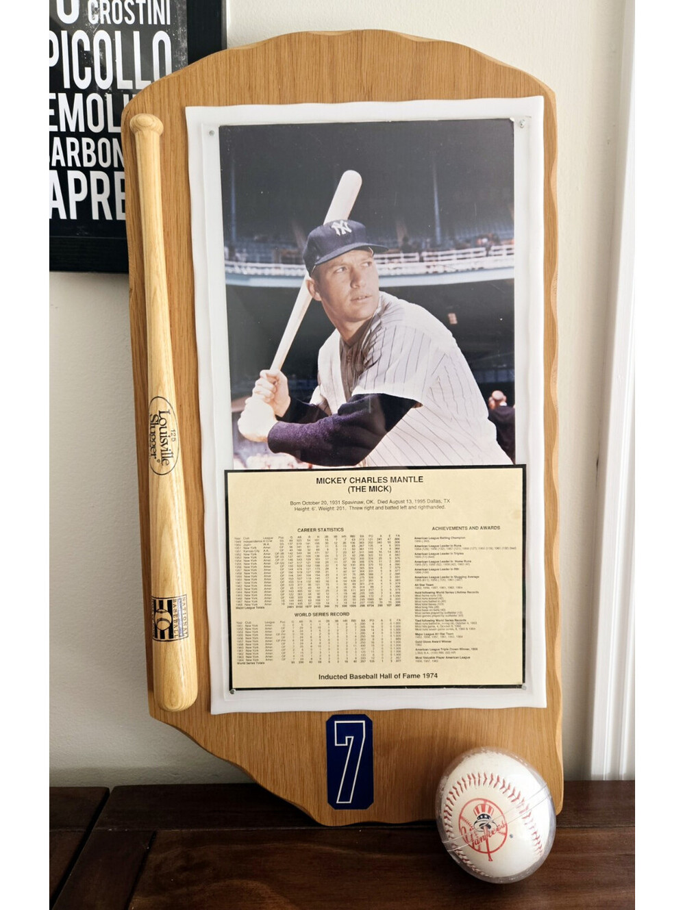 Mickey Mantle Wood Plaque with Louisville Slugger Mini Bat And Ny Yankee Ball